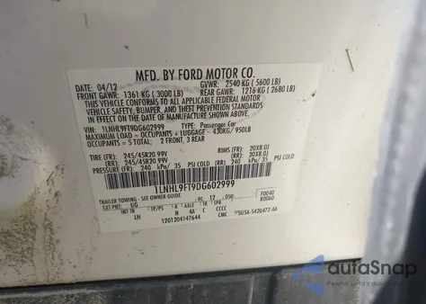 2013 Lincoln Mks Ecoboost z USA, uszkodzony, nr VIN 1LNHL9FT9DG602999